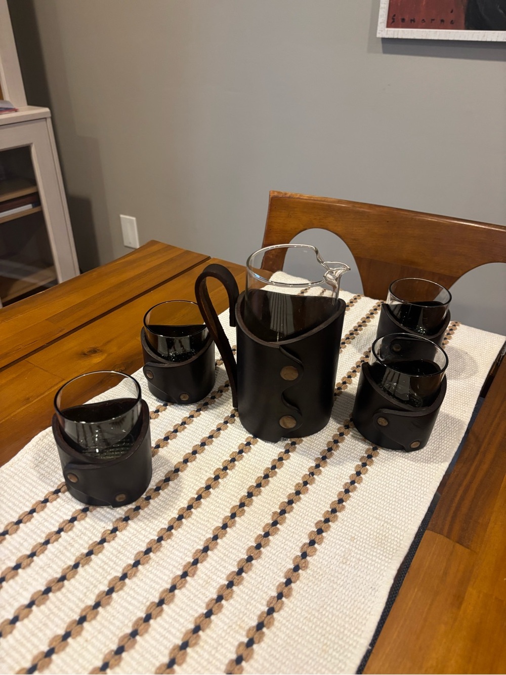 Vintage Set of 5 Glass and Pitcher Set Made Of Leather and Glass